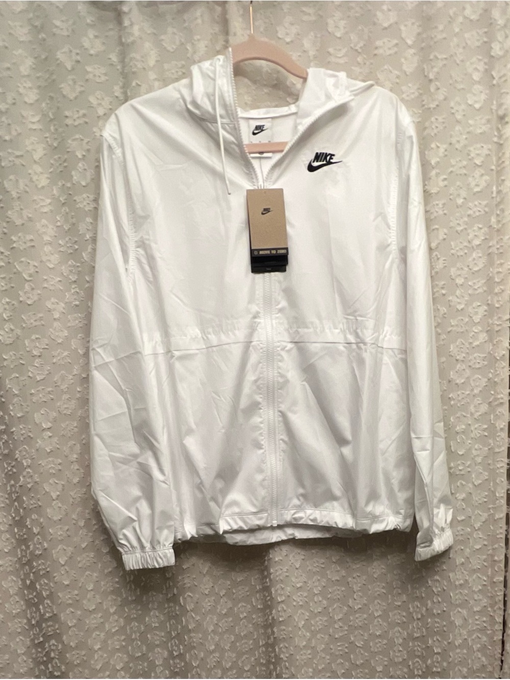 Nike White Hooded Zip Windbreaker with Black Swoosh